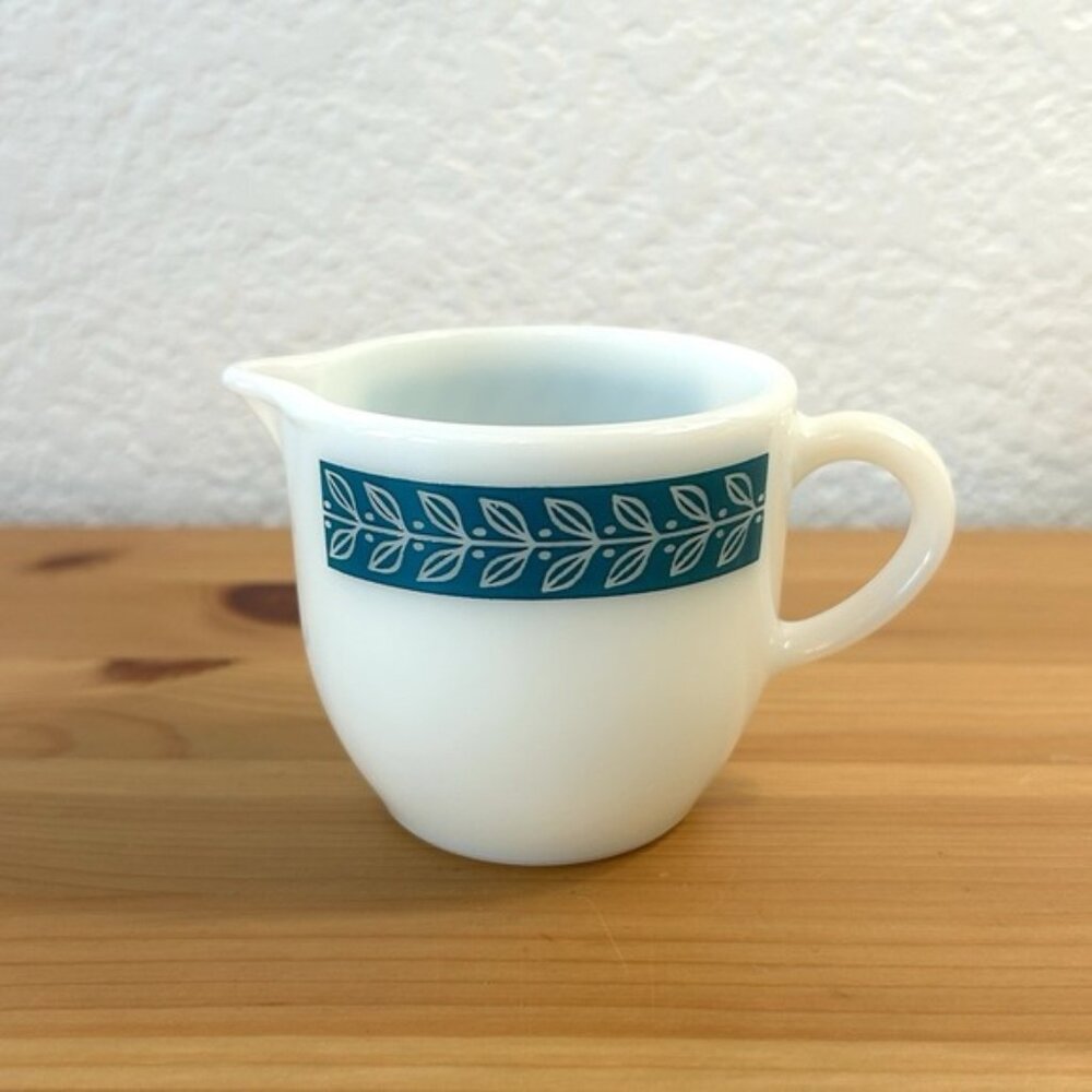 Vintage Pyrex  Creamer Milk Glass Autumn Bands Turquoise Blue Laurel Leaf